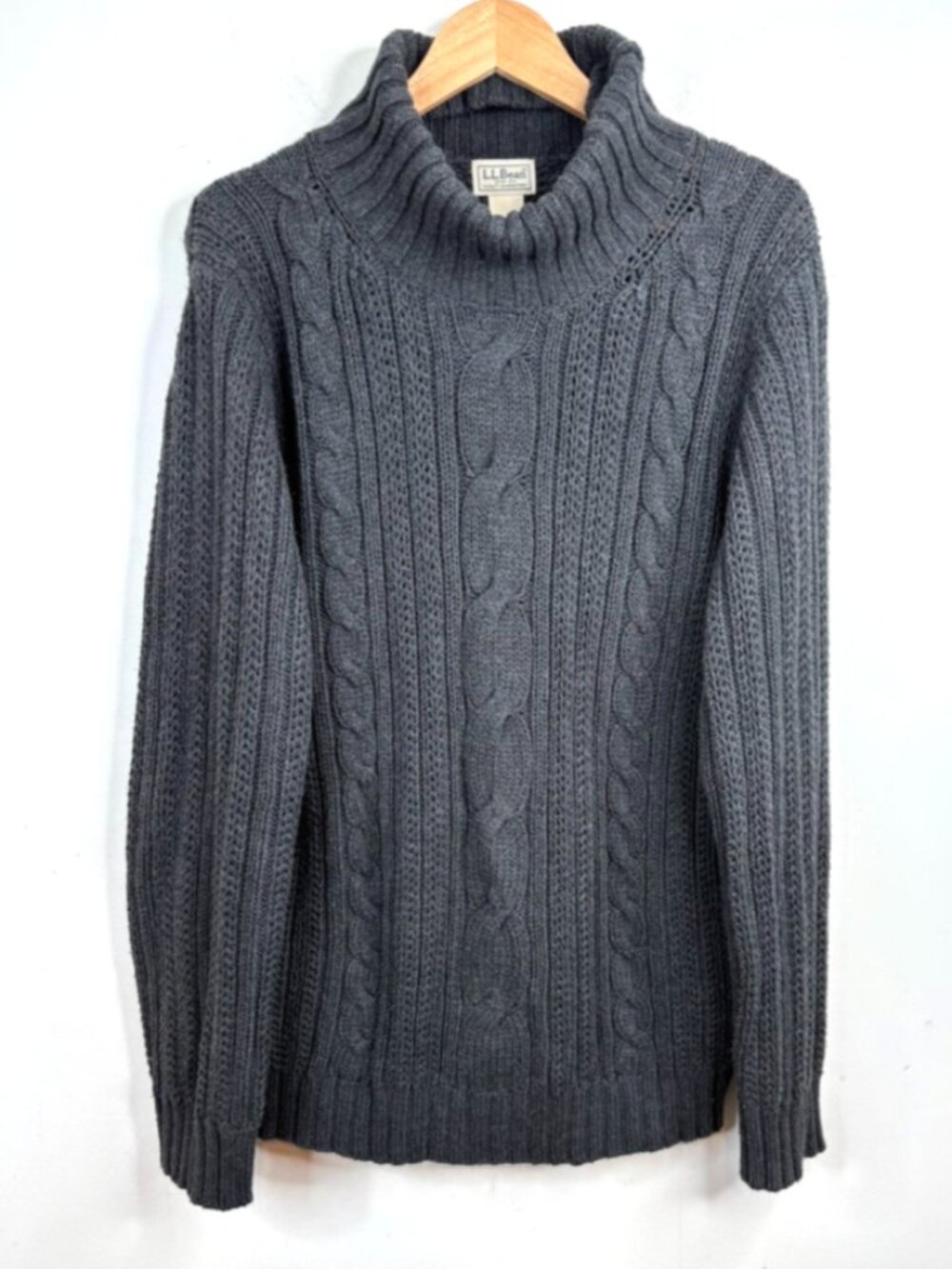 LL Bean Gray Cable Knit Turtleneck Sweater Mens L Cotton Wool Heritage Classic